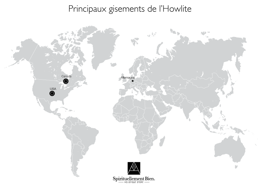 carte des gisements principaux de l'Howlite apaisement et équilibre Canada USa Allemagne