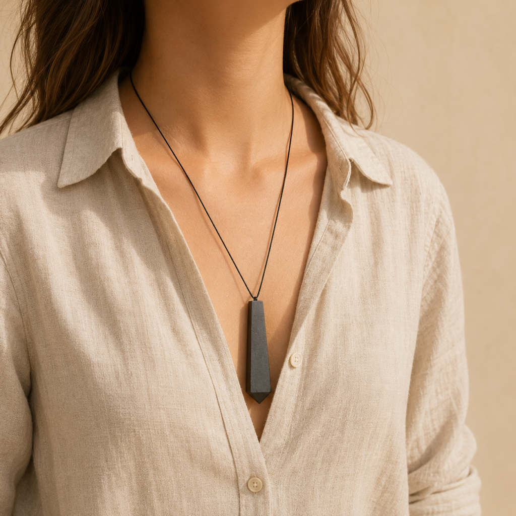 Pendentif shungite obélisque porté autour du cou sur cordon noir