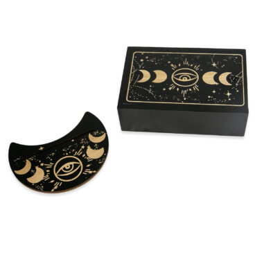BOITE BOIS NOIR DÉCOR LUNE AVEC SUPPORT POUR CARTOMACIE TIRAGE boite-carte12