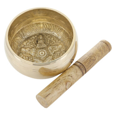 Bol chantant Tibetain traditionnel en laiton intérieur décor ciselé 5 boudhas Ø 12,5 cm, poids 1 Kg