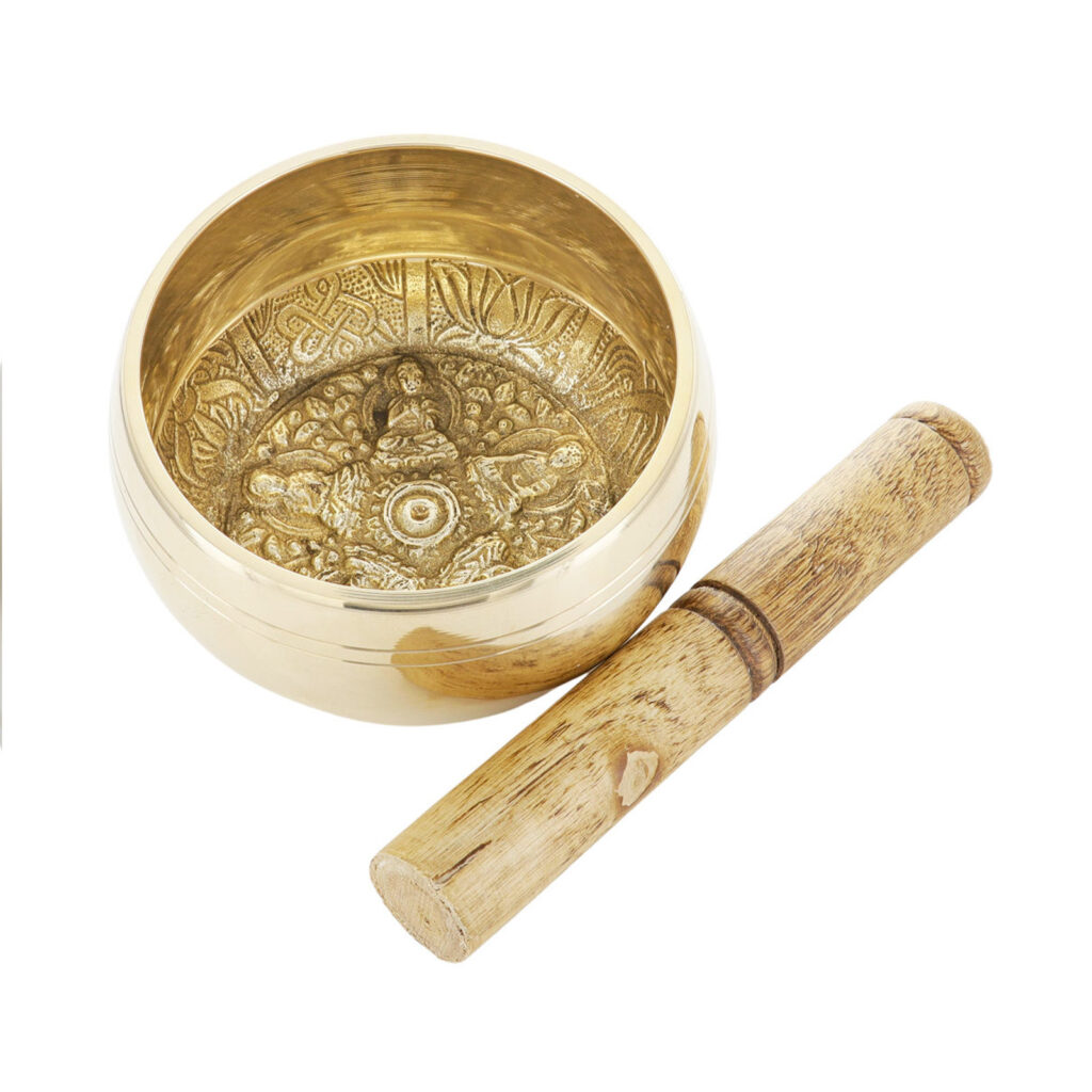 Bol chantant Tibetain traditionnel en laiton intérieur décor ciselé 5 boudhas Ø 8,5 cm, poids 450 g