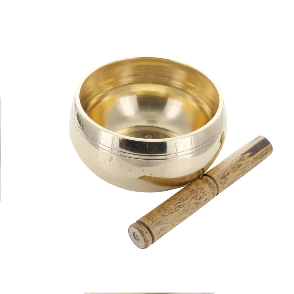 Bol chantant Tibetain traditionnel en laiton intérieur décor ciselé boudha Ø 12,5 cm, poids 1 Kg