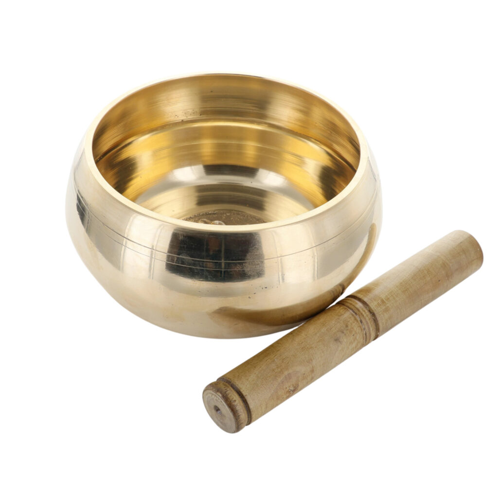 Bol chantant Tibetain traditionnel en laiton intérieur décor ciselé boudha Ø 17,5 cm, poids 1,5 Kg