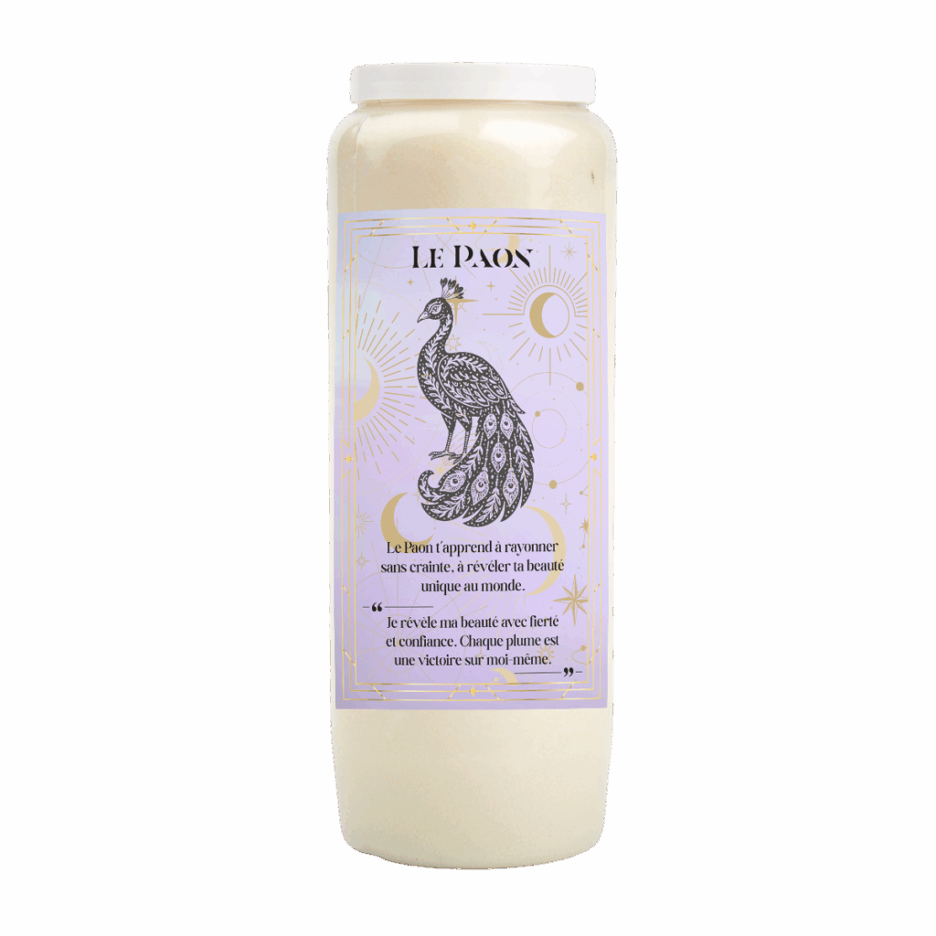 Neuvaine Animal Totem Paon bougie rituel beauté et confiance