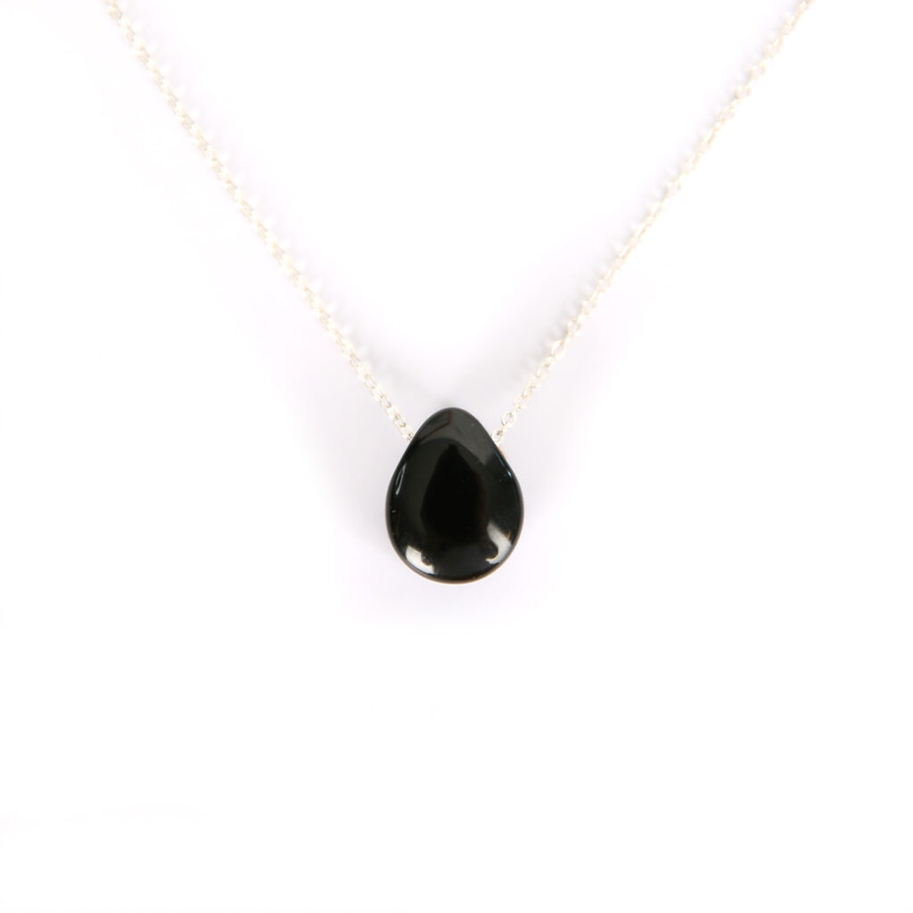 collier chaine argent pendentif goutte obsidienne noire