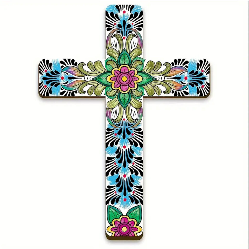 Croix murale bois décor fleur coloré fond blanc