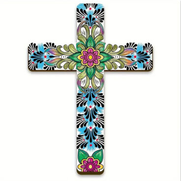 Croix murale bois décor fleur coloré fond blanc