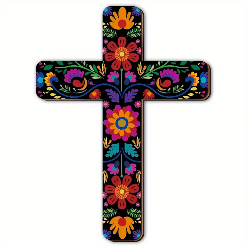 Croix murale bois décor fleur fod noir coloré