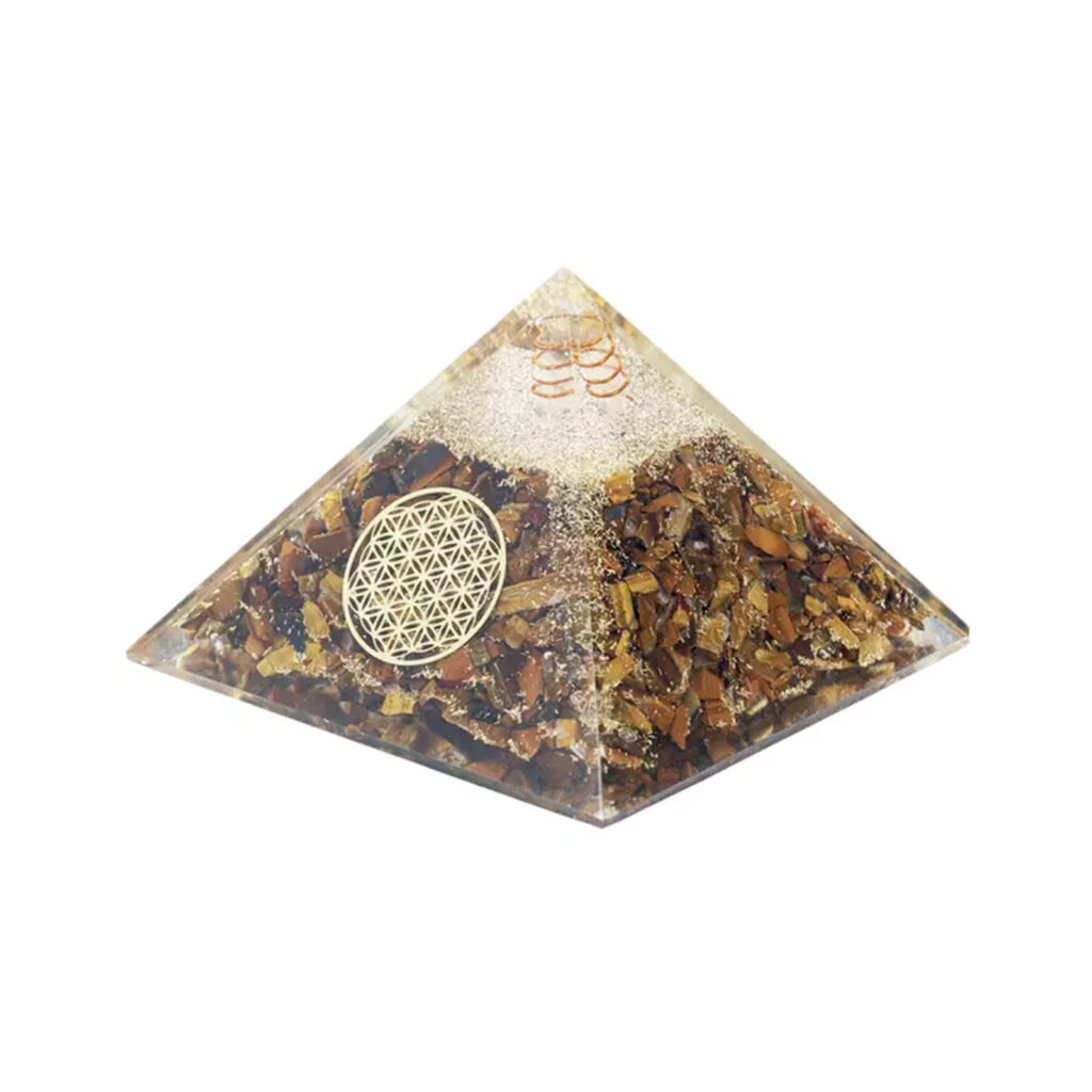 Pyramide Orgonite en Œil de Tigre avec fleur de vie