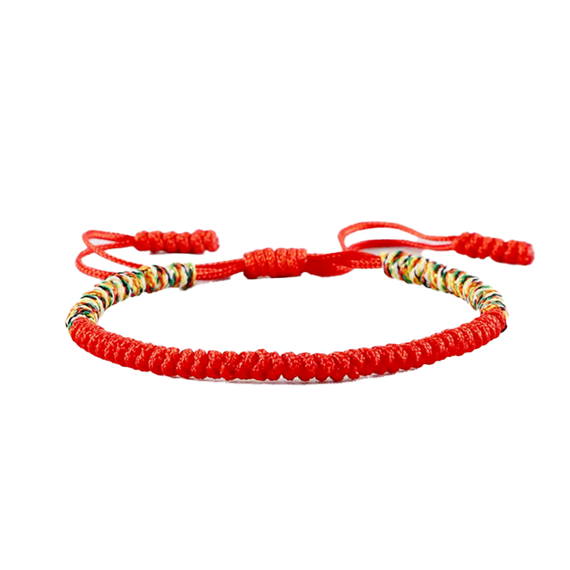 bracelet tibétain fil rouge porte-bonheur tressage multicolore ajustable
