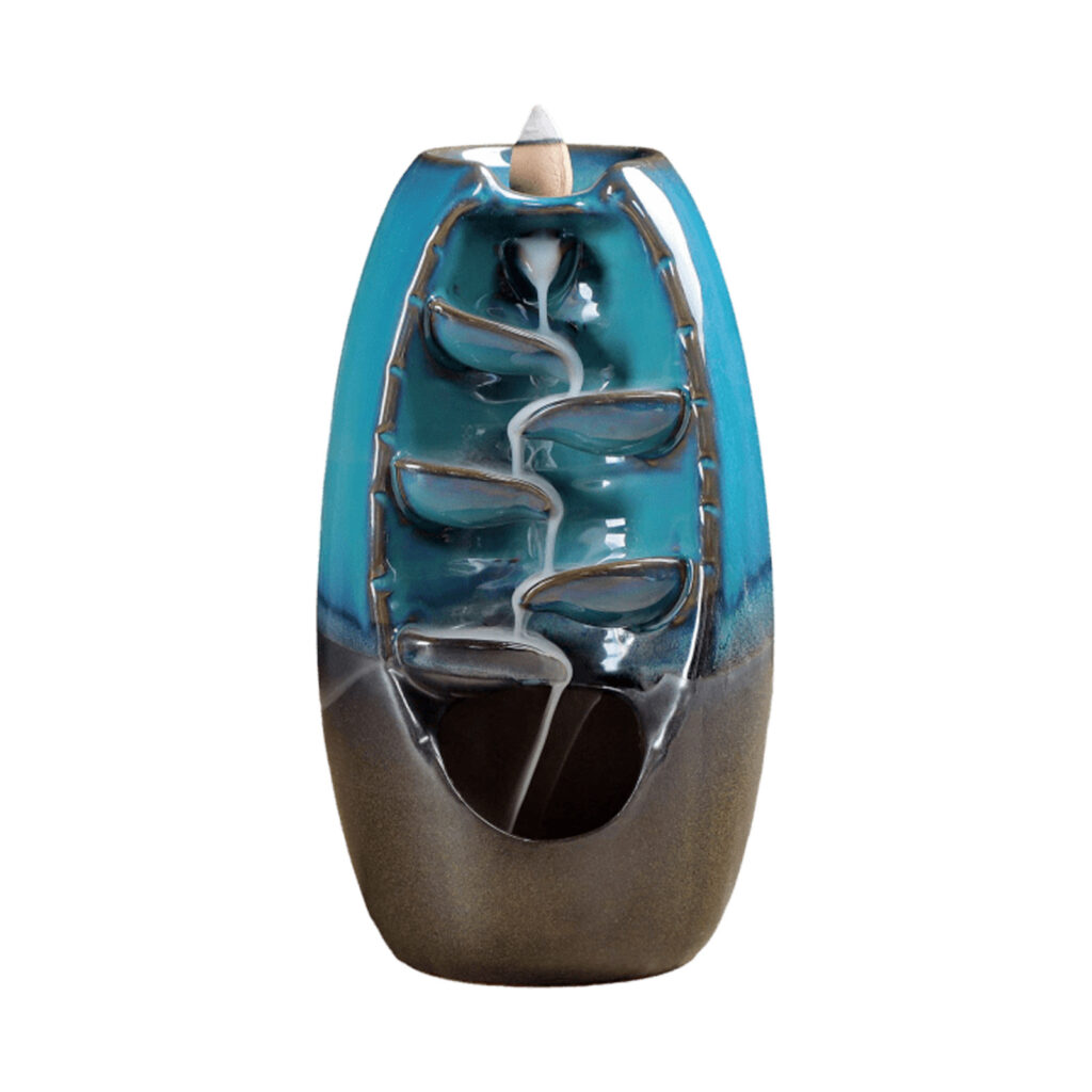 Porte Encens Backflow Céramique Bleu-Marron Cascade de Feuilles 20cm