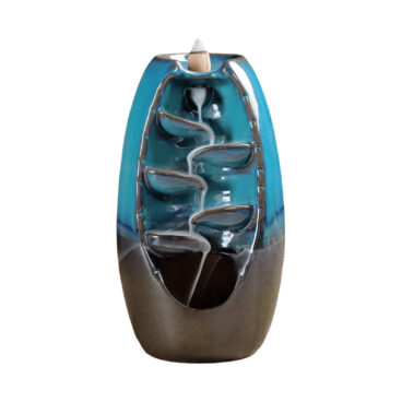 Porte Encens Backflow Céramique Bleu-Marron Cascade de Feuilles 20cm