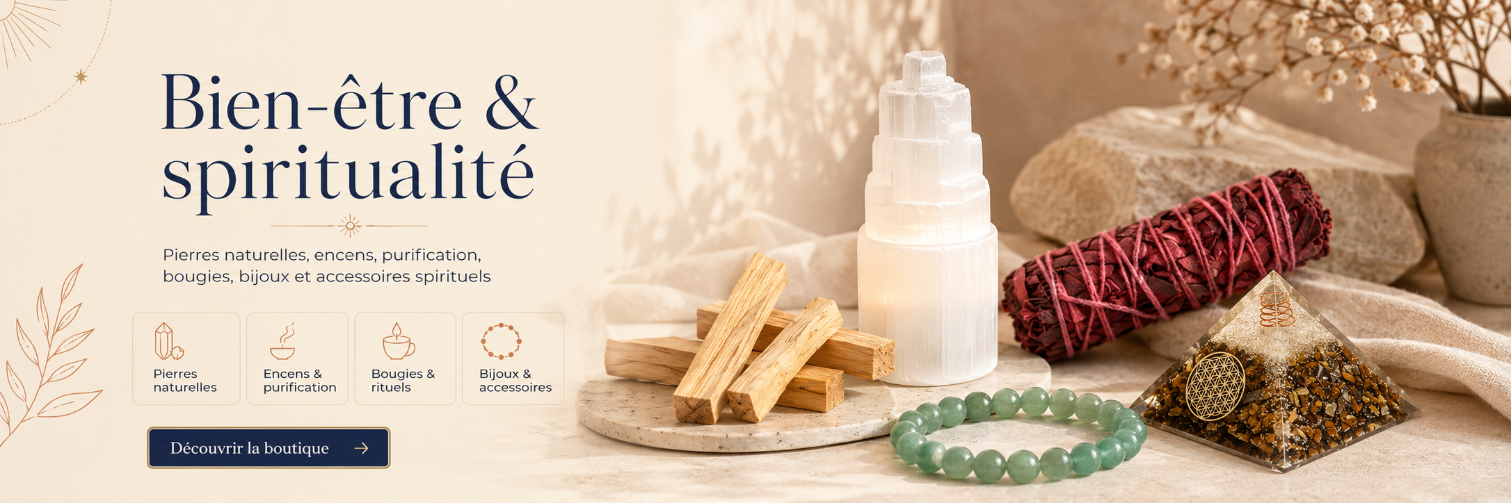 Univers bien-être et spiritualité avec pierres naturelles, encens, purification, bougies et bijoux spirituels
