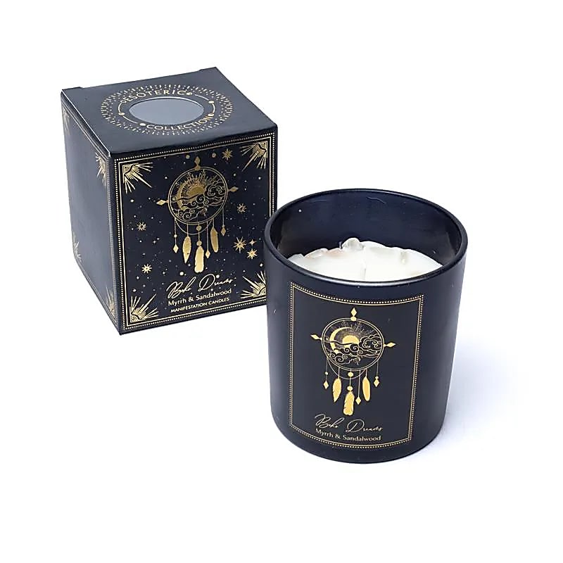 Bougie d’Intention Boho Dreams parfum myrrhe bois de santal avec cristal de roche+boite