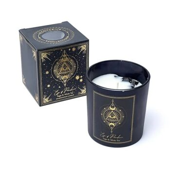 Bougie d’Intention Eye of Providence parfum sauge thé blanc avec cristal d’obsidienne noire+boite