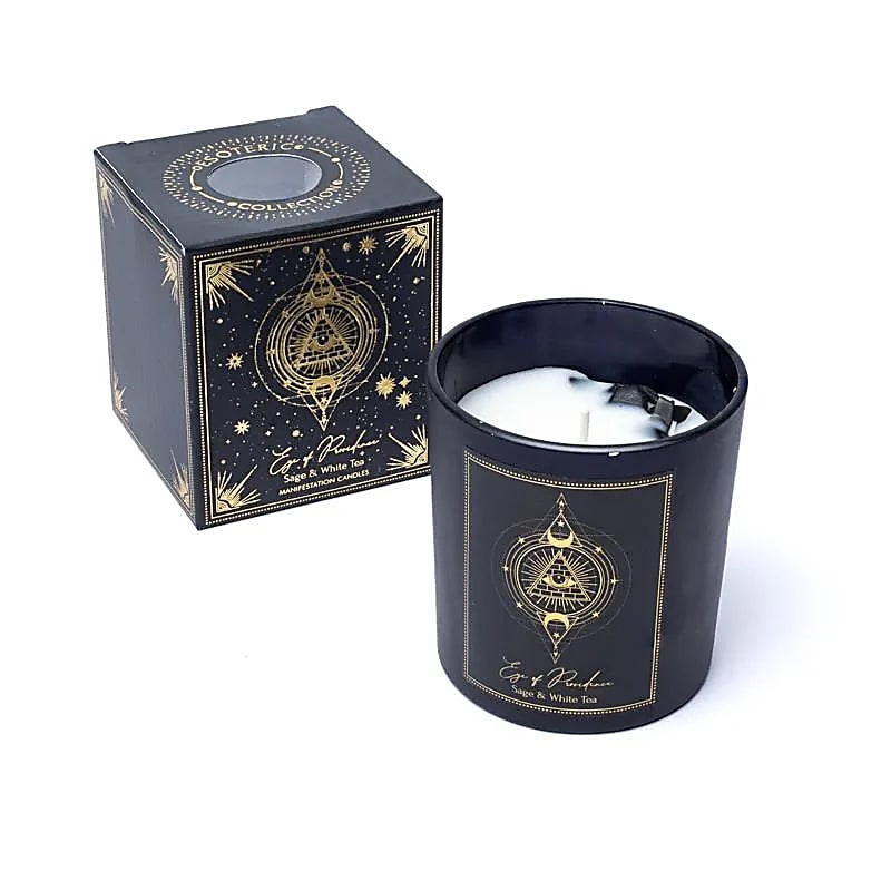 Bougie d’Intention Eye of Providence parfum sauge thé blanc avec cristal d’obsidienne noire+boite