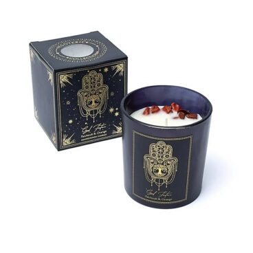 Bougie d’Intention Good Fortune en verre, parfum patchouli orange avec cristaux de jaspe rouge+ boite
