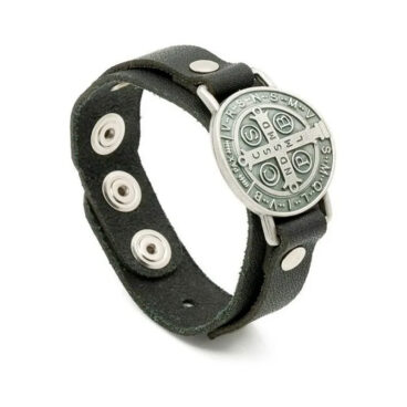 Bracelet cuir noir ajustable avec médaille de Saint Benoît chaman