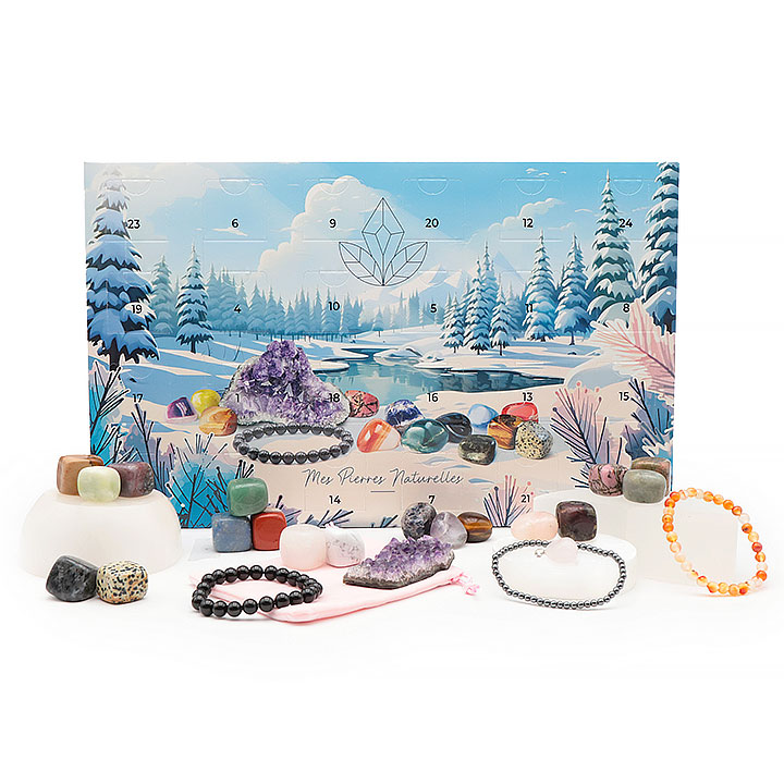 Calendrier lithothérapie avec 24 pierres, bijoux et accessoires énergétiques