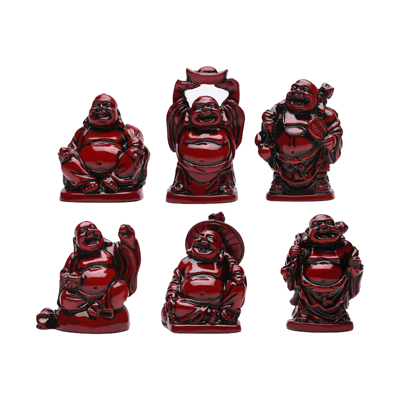 Set de 6 statuettes Bouddhas rieurs en polystone rouge Feng Shui – prospérité et chance