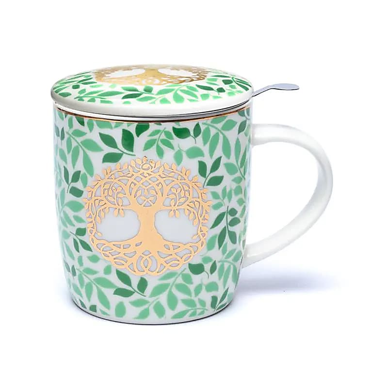 Tasse à thé Arbre de Vie en porcelaine Bone China avec couvercle et infuseur inox complet
