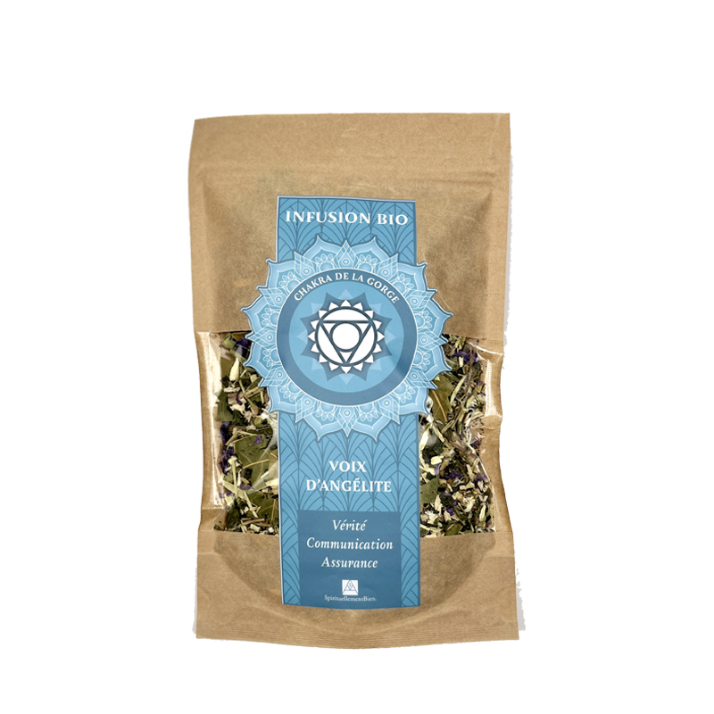sachet recto Infusion bio chakra de la gorge voix d'angélite Vérité communication assurance