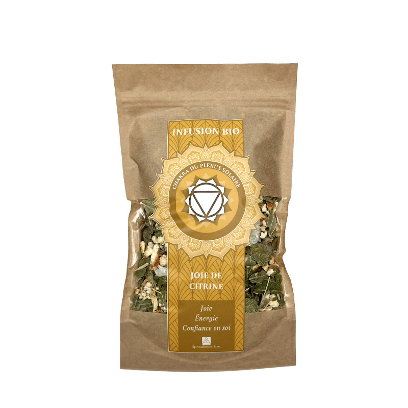 sachet recto Infusion bio chakra du plexus solaire Joie de citrine Joie énergie confiance en soi