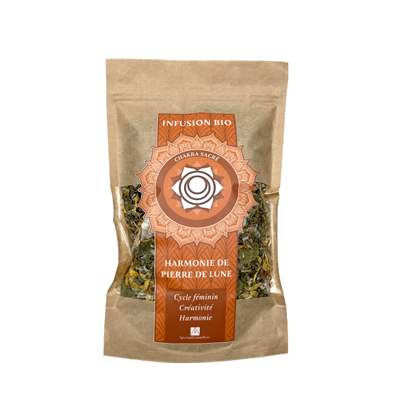 sachet recto Infusion bio chakra sacré Harmonie de pierre de lune cycle féminin créativité harmonie