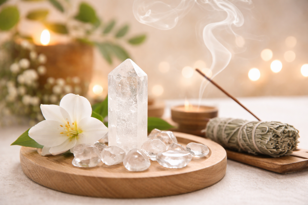 cristal de roche avec encens et sauge pour purification énergétique et renouveau spirituel