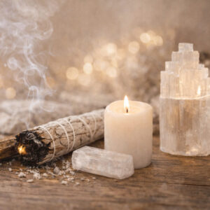 Rituel de purification énergétique de la maison avec sauge blanche en fumigation, chandelle blanche et pierre de sélénite pour nettoyer les énergies d’un lieu
