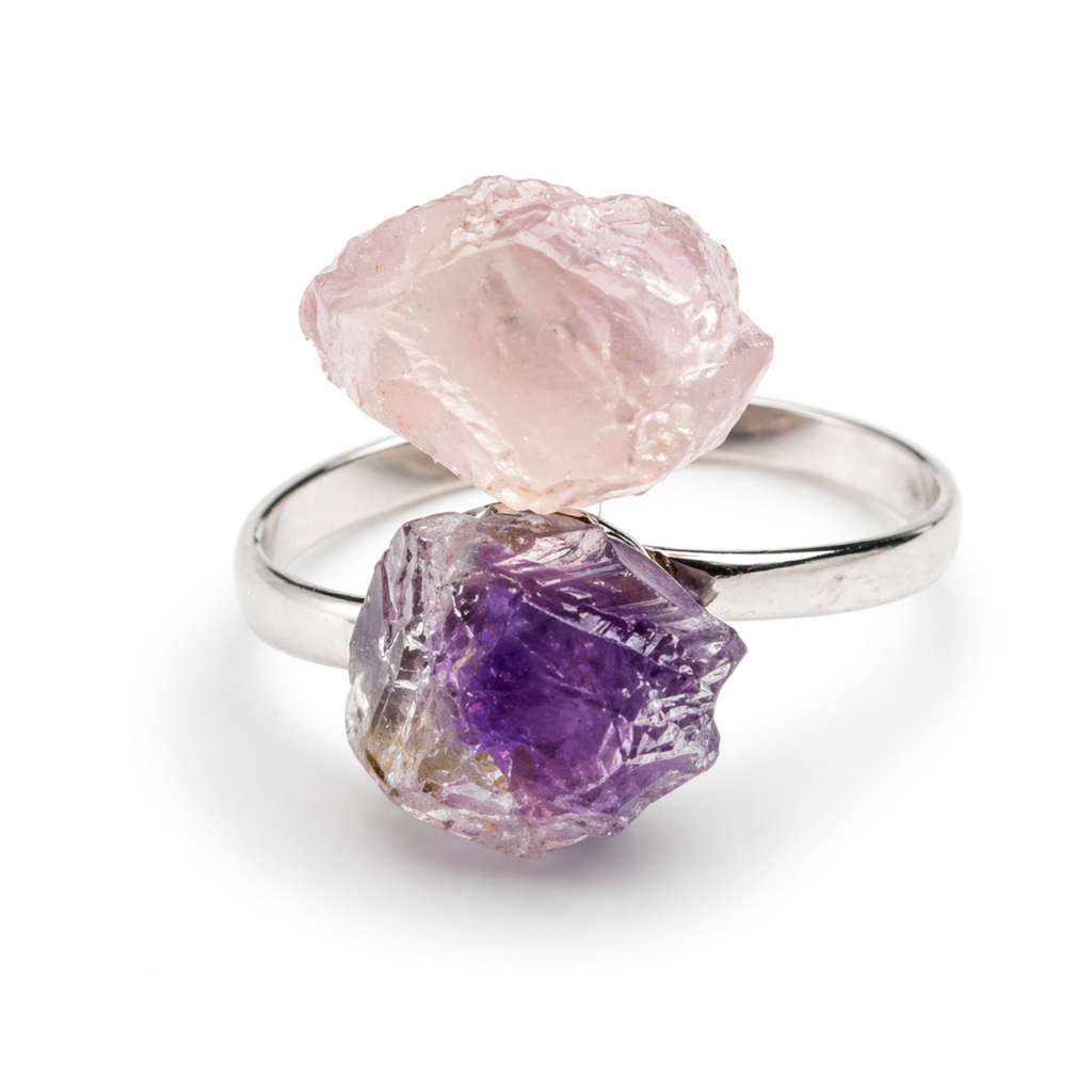 bague quartz rose améthyste brute bague amour apaisement pierre naturelle bague lithothérapie cœur esprit bague quartz rose améthyste réglable