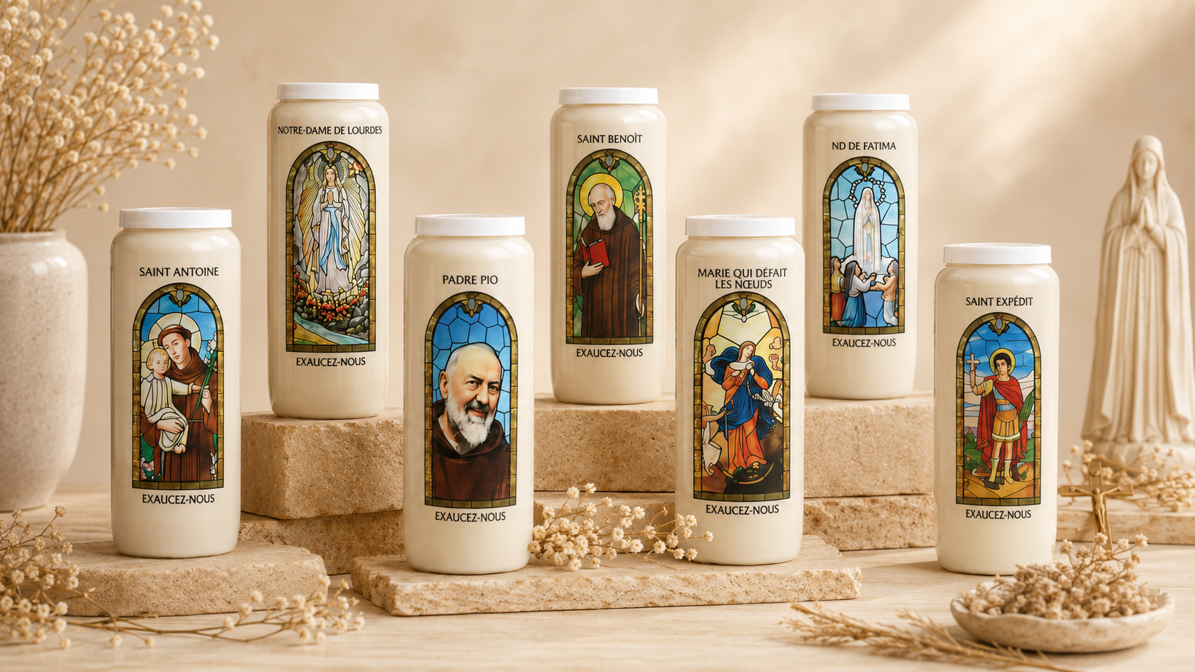 Collection de neuvaines religieuses avec Notre-Dame de Lourdes, Padre Pio, Saint Benoît et Saint Expédit
