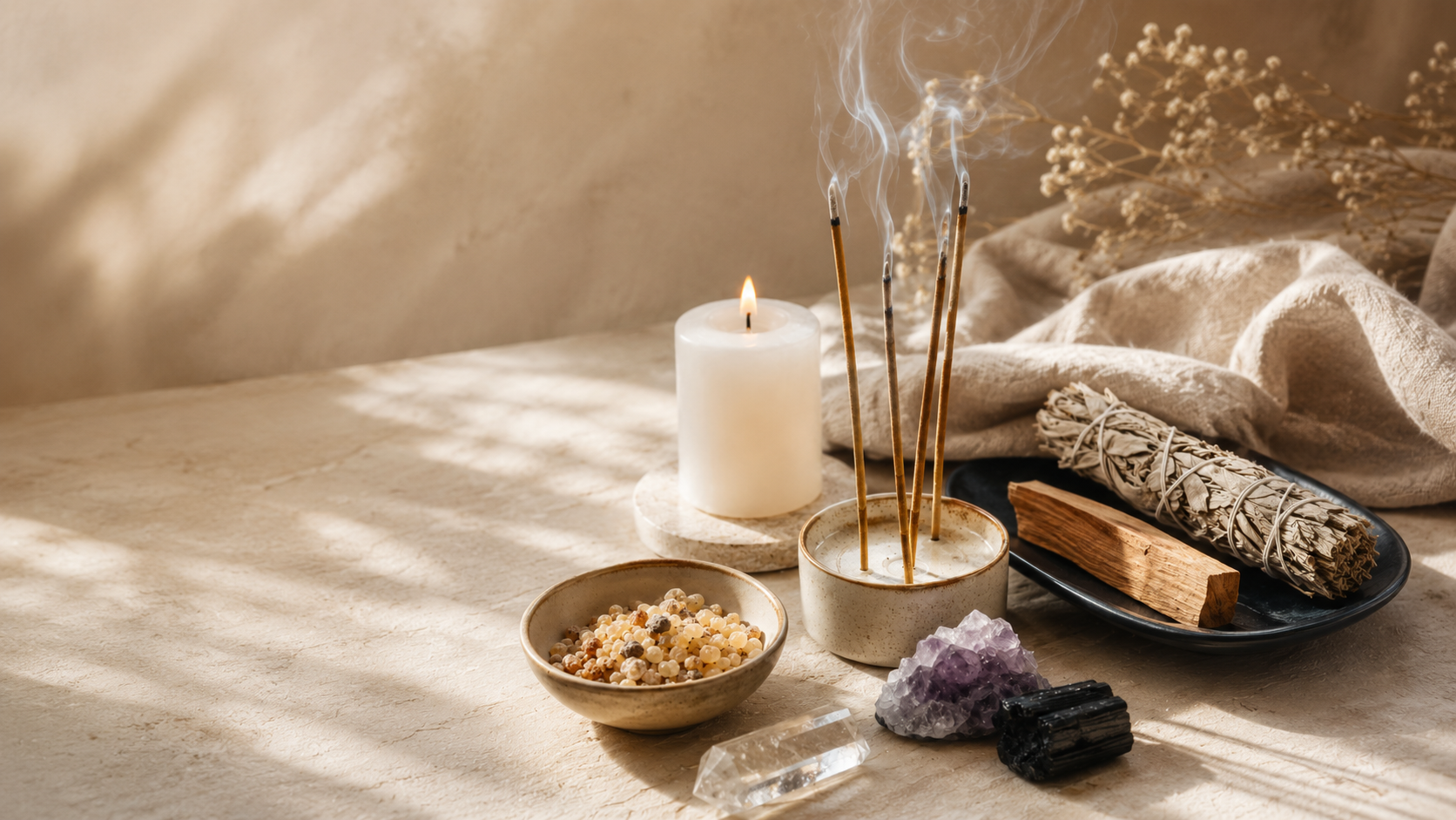 Encens, bougie et pierres naturelles pour rituel Animal Totem