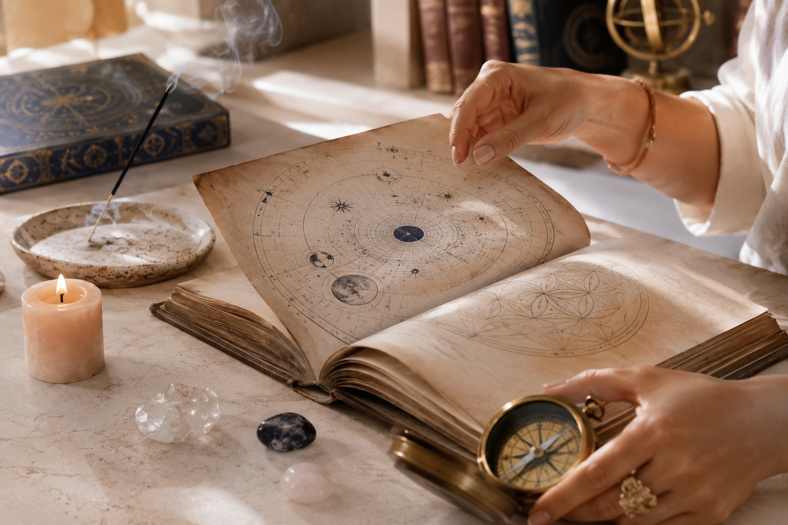 Origine du terme ésotérisme illustrée par un livre ancien et des symboles spirituels