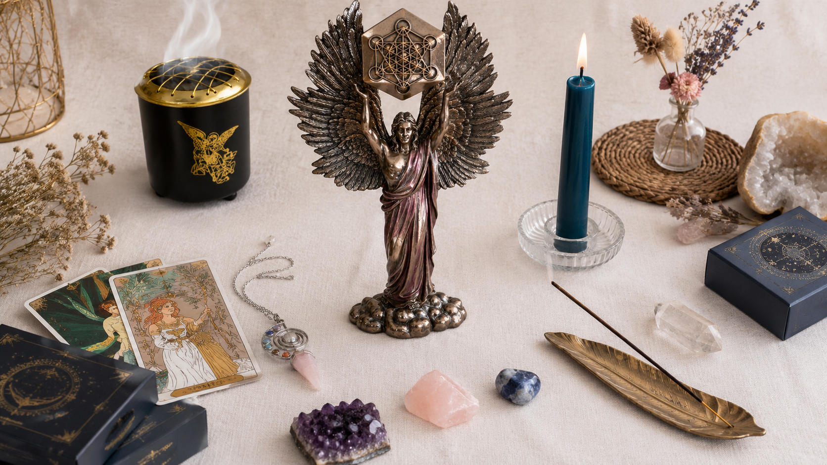 Outils ésotériques avec encens, bougie, pendule, pierres et tarot