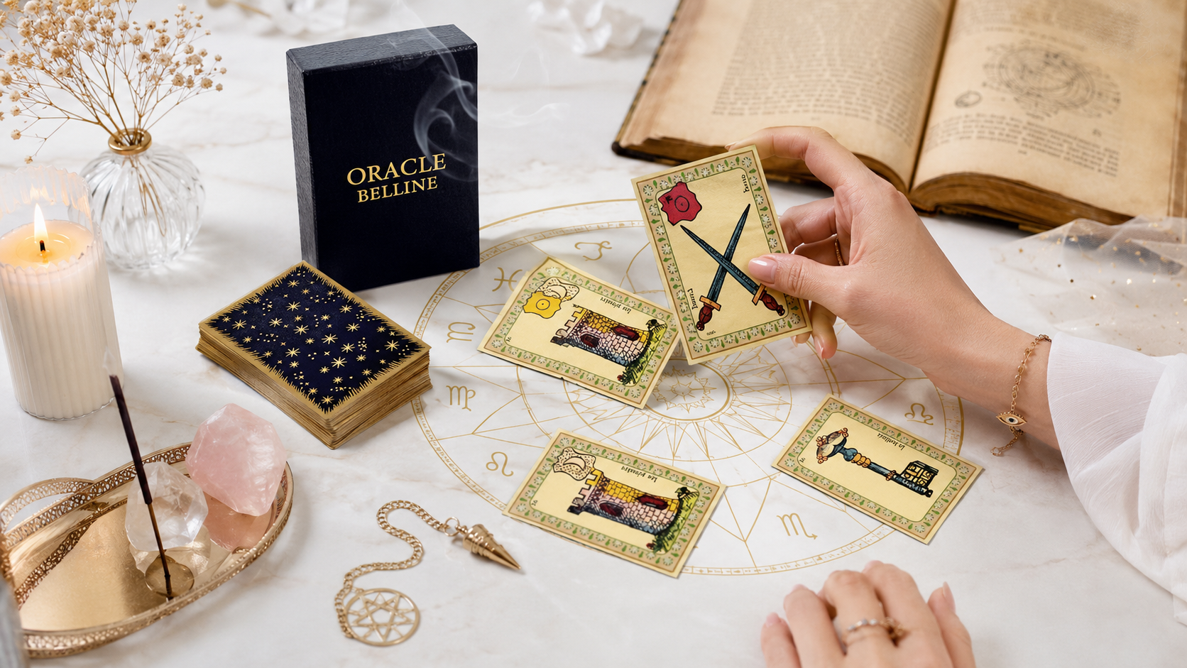 Illustration des principales pratiques ésotériques avec tarot, astrologie, alchimie et pierres