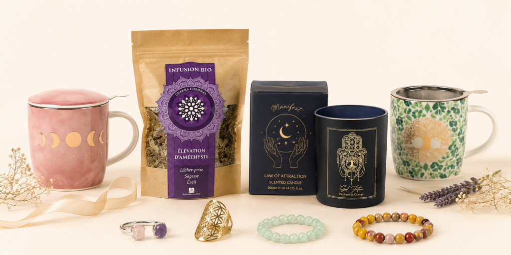 Idées cadeaux maîtresse ATSEM avec tasses, infusion bio, bougies, bagues et bracelets SpirituellementBien