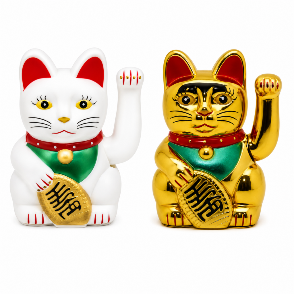 Maneki-neko chat porte-bonheur japonais 13,5 cm disponible en doré et blanc