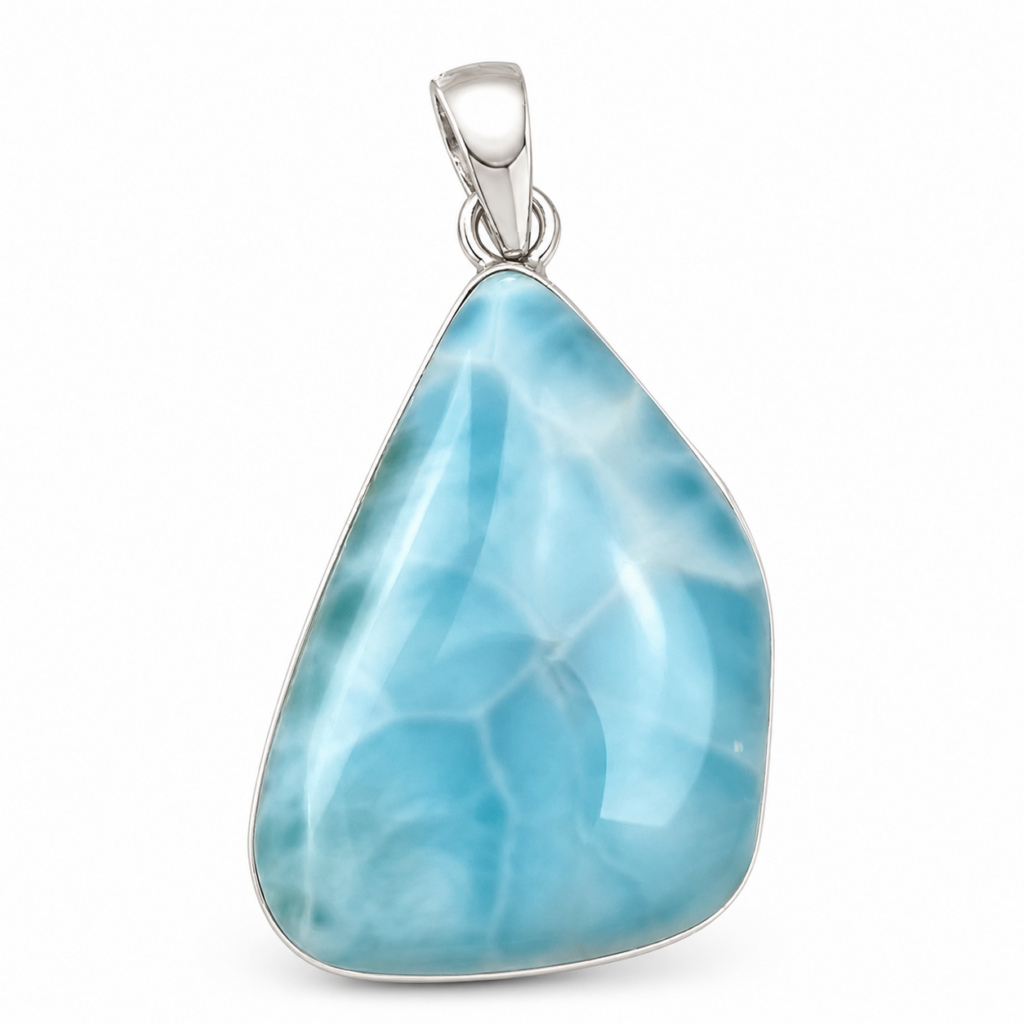 Pendentif Larimar forme libre monté sur argent, pierre naturelle bleue rare