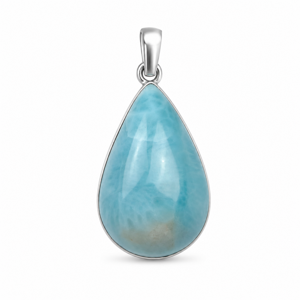 Pendentif Larimar forme goutte monté sur argent, pierre naturelle bleue rare