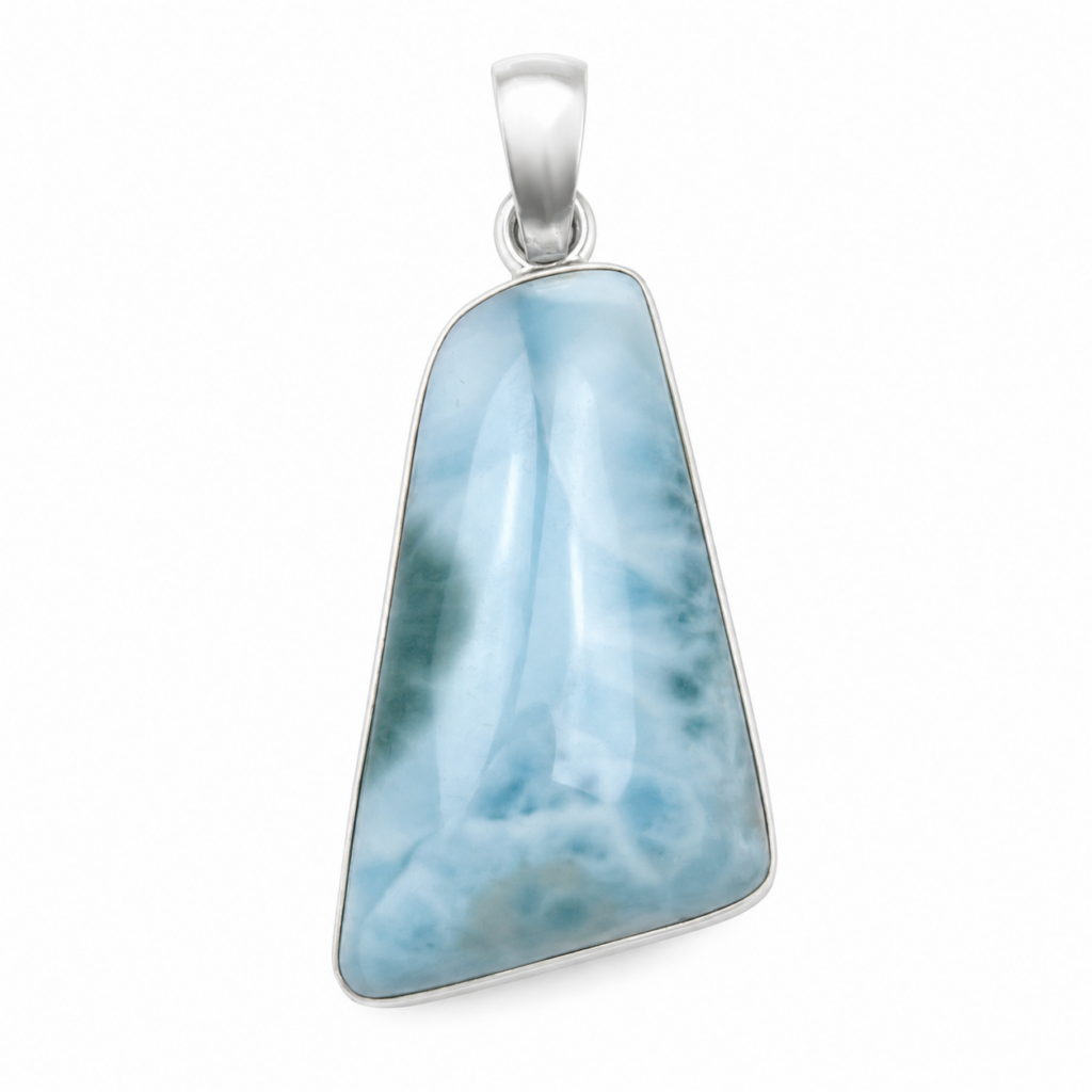 Pendentif Larimar forme trapèze monté sur argent, pierre naturelle bleue rare