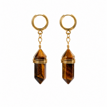 Boucles d’oreilles pendantes en Œil de Tigre en forme pointe sur acier inoxydable