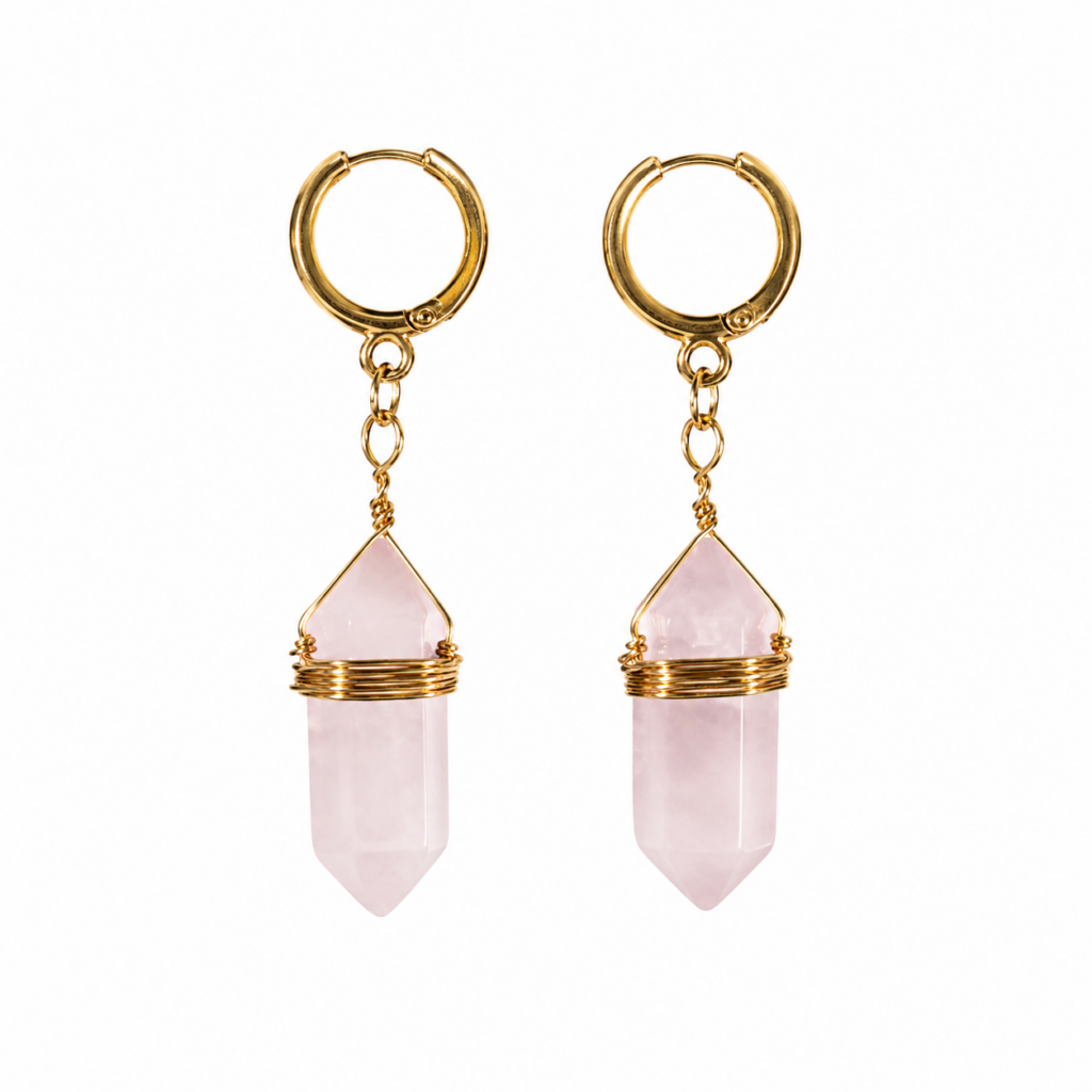 Boucles d’oreilles pendantes en Quartz rose pointe hexagonale et acier inoxydable doré