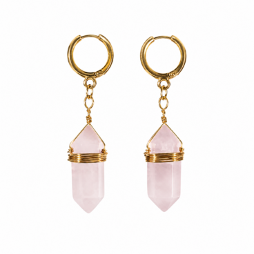 Boucles d’oreilles pendantes en Quartz rose pointe hexagonale et acier inoxydable doré