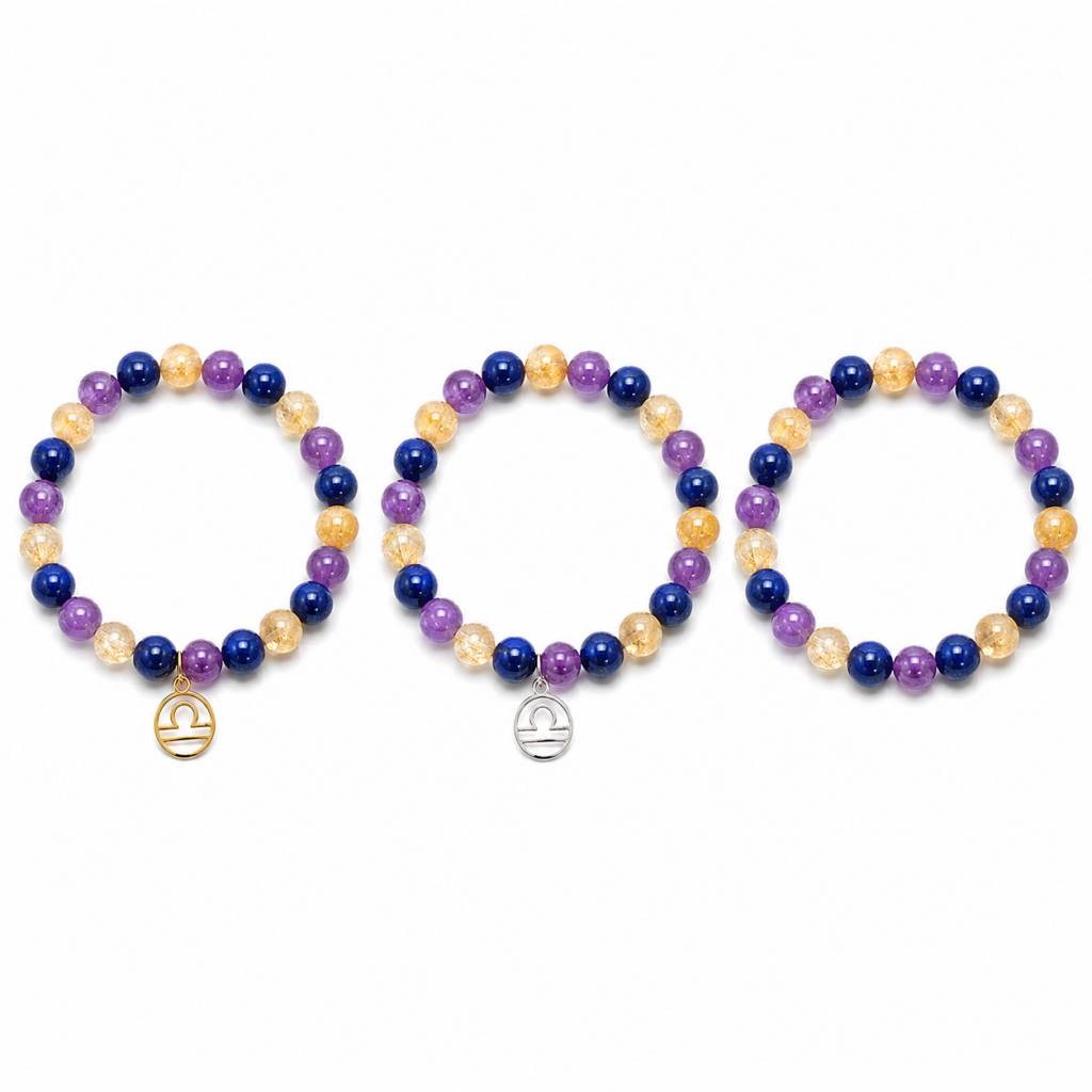 Bracelet astrologique Balance en Lapis-lazuli Citrine et Améthyste avec breloque dorée argentée ou sans breloque