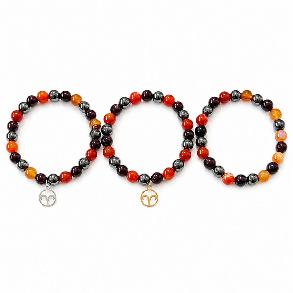 Bracelet astrologique Bélier en Hématite Cornaline et Grenat rouge avec breloque dorée argentée ou sans breloque