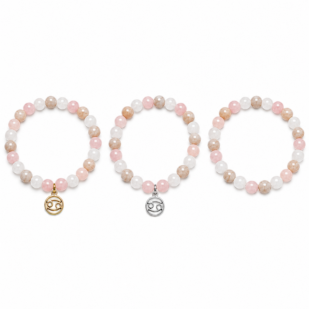 Bracelet astrologique Cancer en Pierre de lune Sélénite et Quartz rose avec breloque dorée argentée ou sans breloque