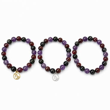 Bracelet astrologique Capricorne en Obsidienne Grenat et Améthyste avec breloque dorée argentée ou sans breloque