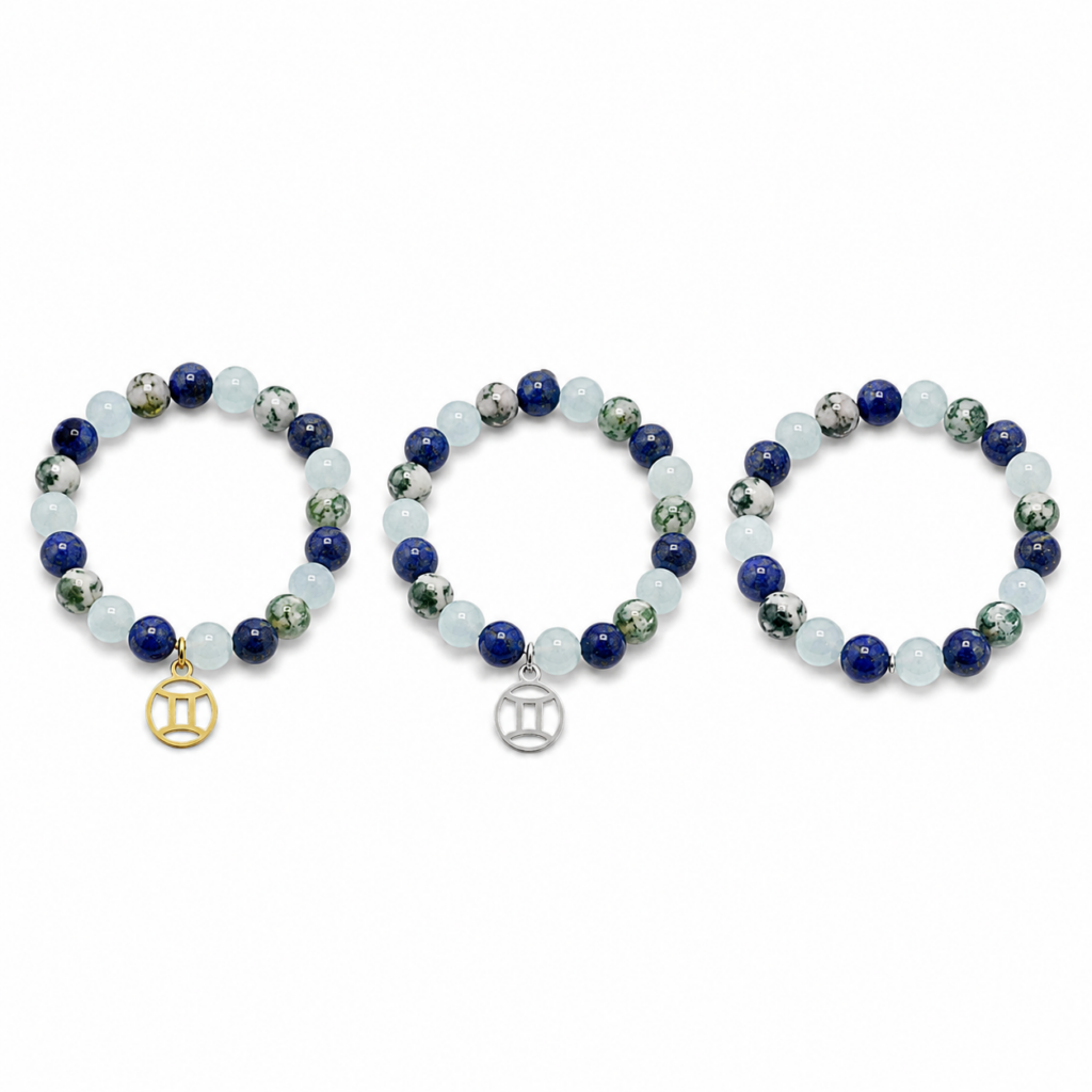 Bracelet astrologique Gémeaux en Agate arbre Lapis-lazuli et Aigue-marine avec breloque dorée argentée ou sans breloque