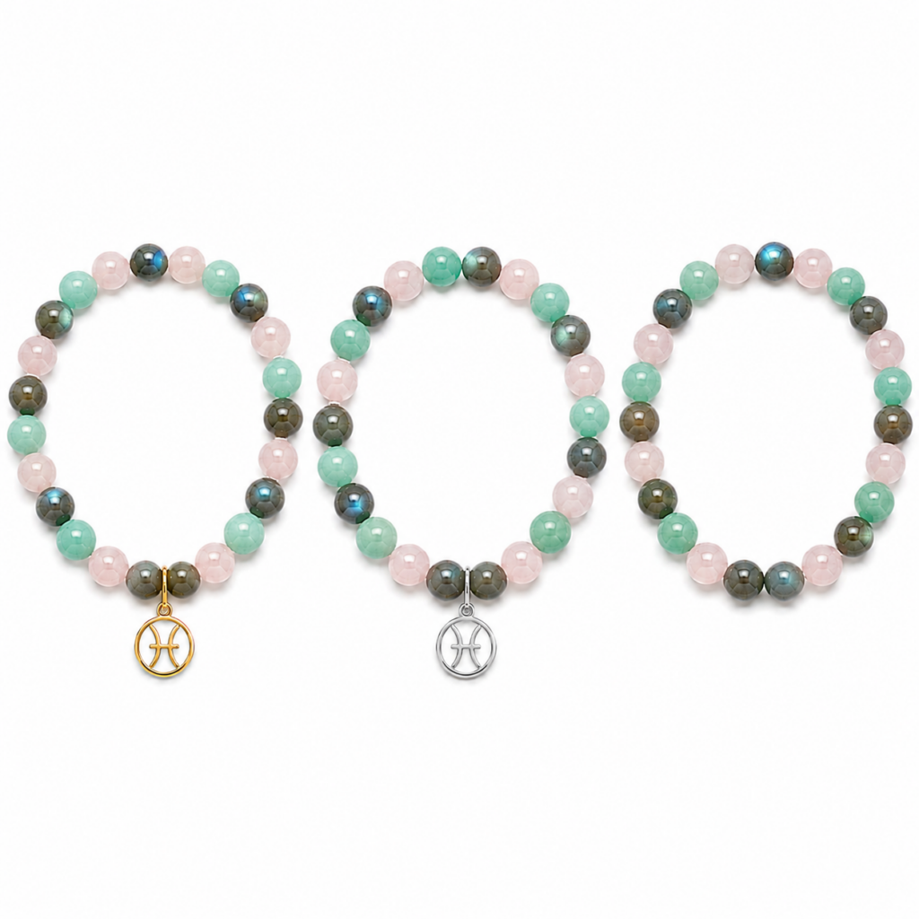 Bracelet astrologique Poissons en Amazonite Labradorite et Quartz rose avec breloque dorée argentée ou sans breloque